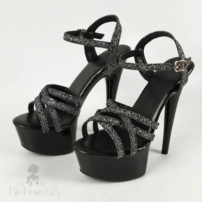 Sequin Cloth Narrow Band Women Sandals With Buckle Strap Stiletto Heels