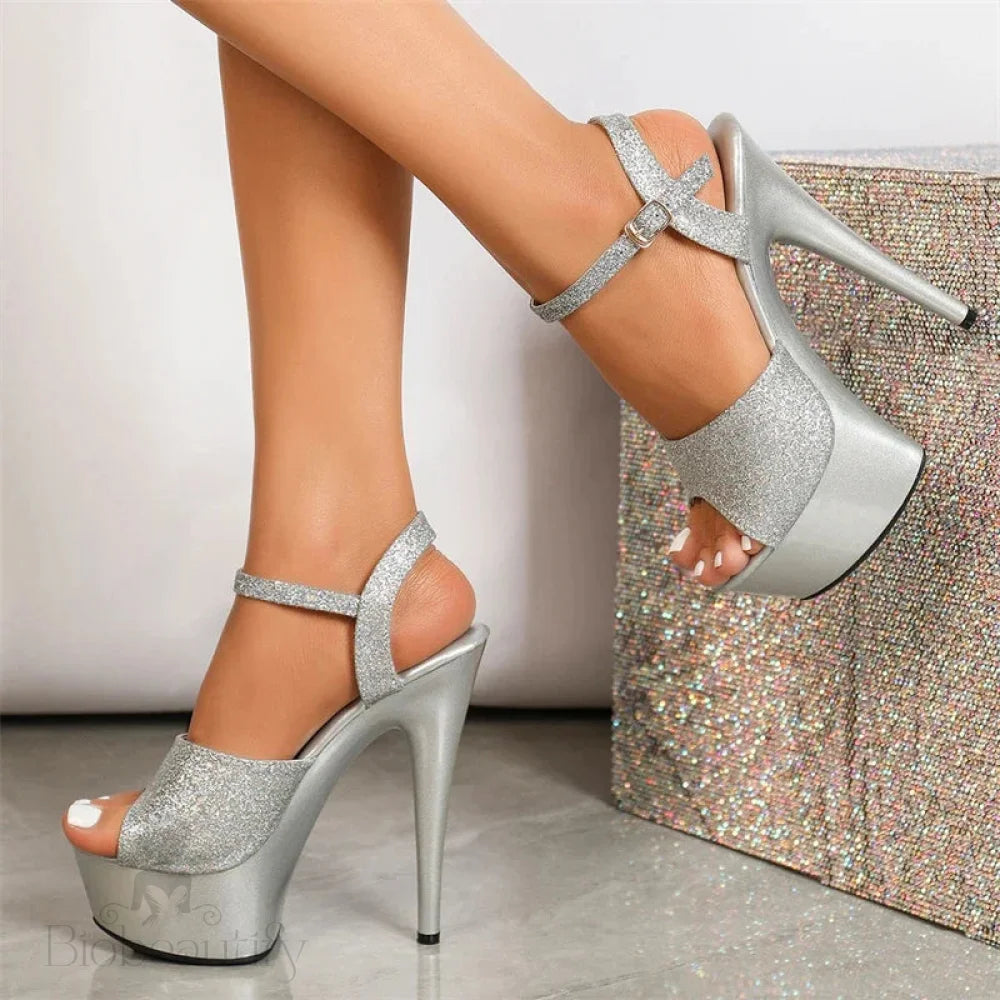 Sequin Cloth Open Toe Sandals Women Platform Stiletto High Heels