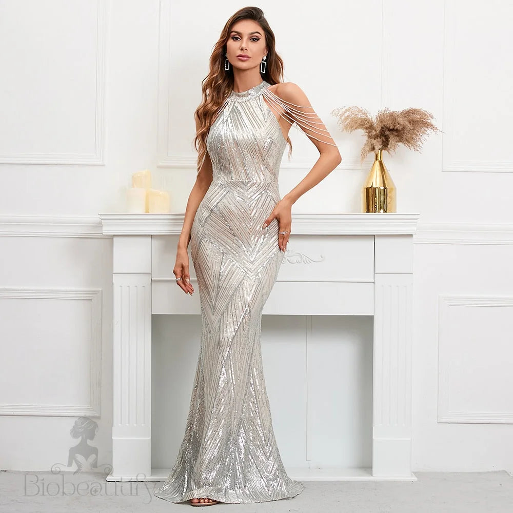 Sequin Gown Dress With Statement Maker Halter