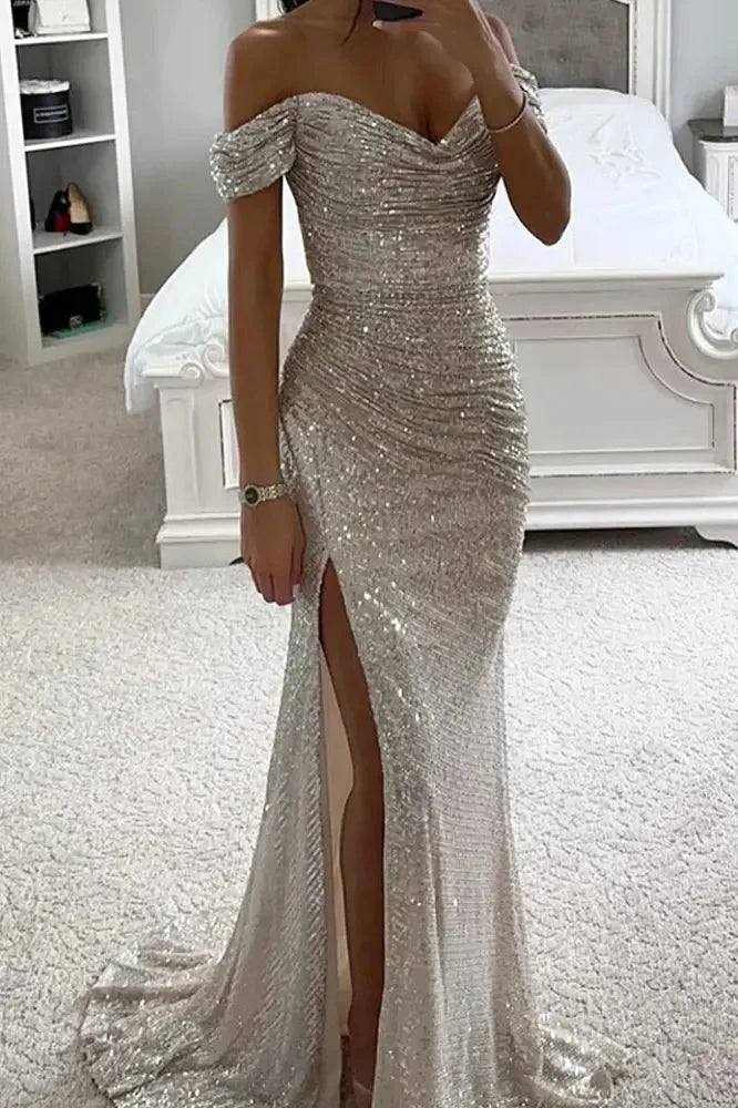 Sequin Maxi Dress With Off Shoulder Elegance