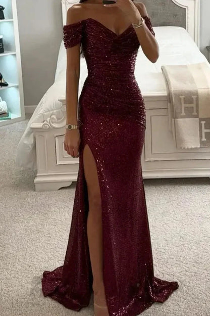 Sequin Maxi Dress With Off Shoulder Elegance