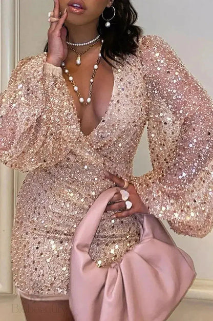 Sequin Mini Dress With Deep V Neck