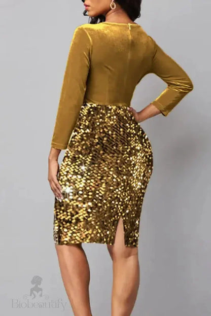 Sequin Patchwork High Waist Midi Dress