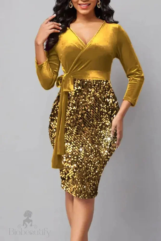 Sequin Patchwork High Waist Midi Dress