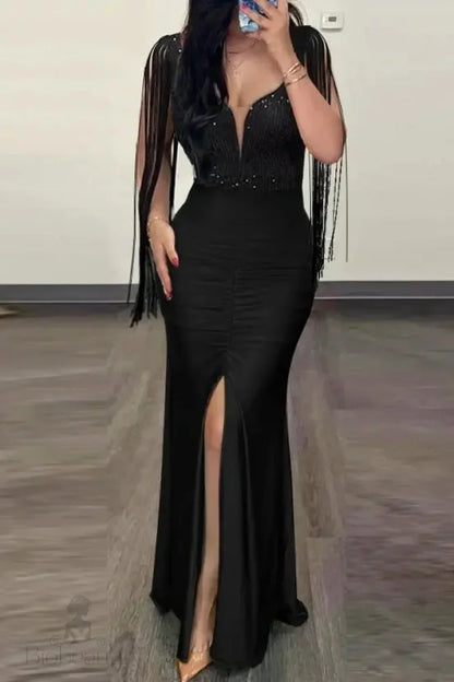 Sequin Slit Maxi Dress With Elegant Contrast