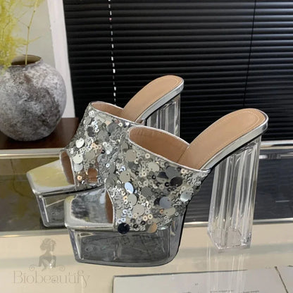 Sequin Women Slippers Summer Platform Square Toe Slide Shoes