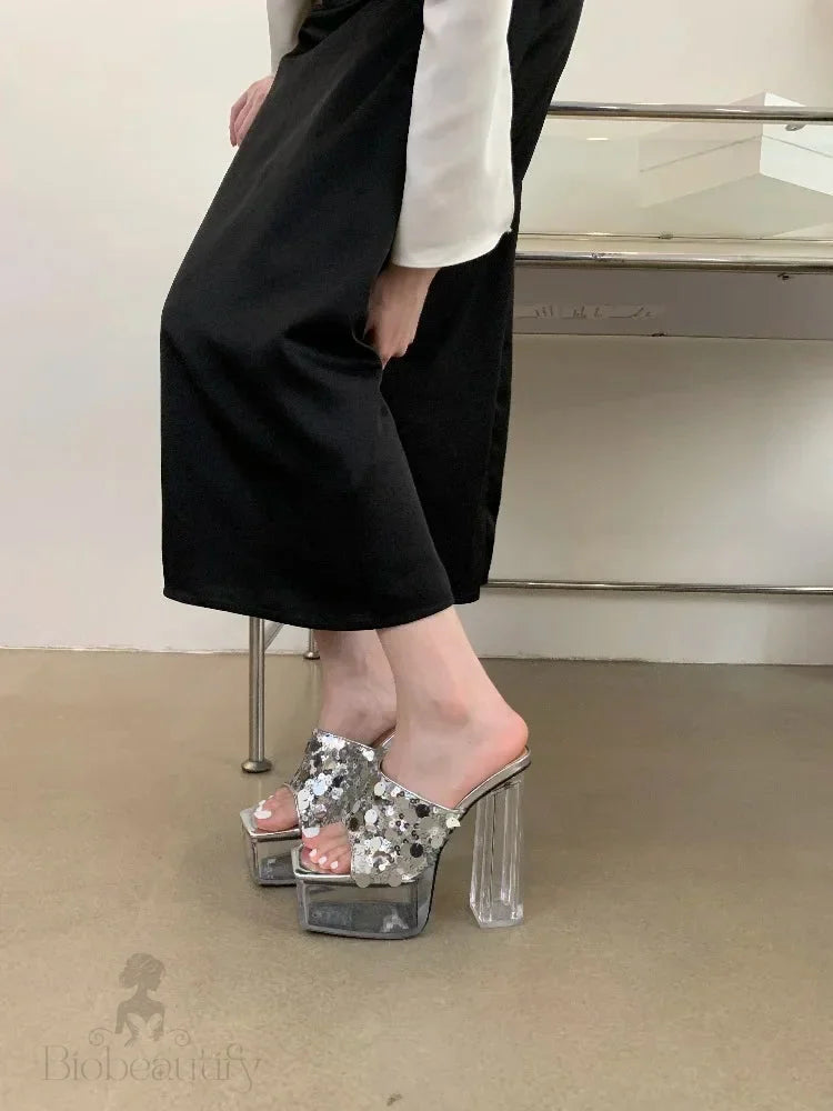 Sequin Women Slippers Summer Platform Square Toe Slide Shoes