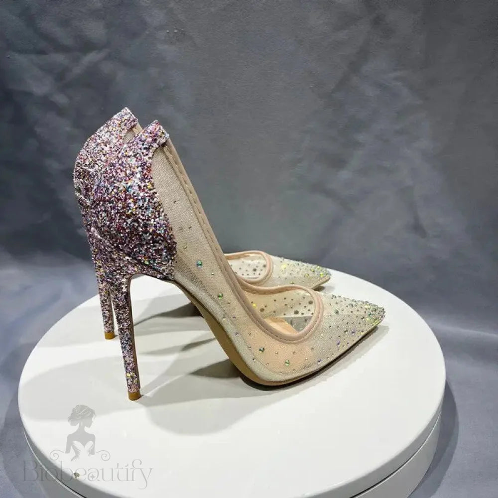 Sequined Gauze Mesh Pointy Toe High Heel Shoes With Glitter