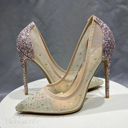 Sequined Gauze Mesh Pointy Toe High Heel Shoes With Glitter