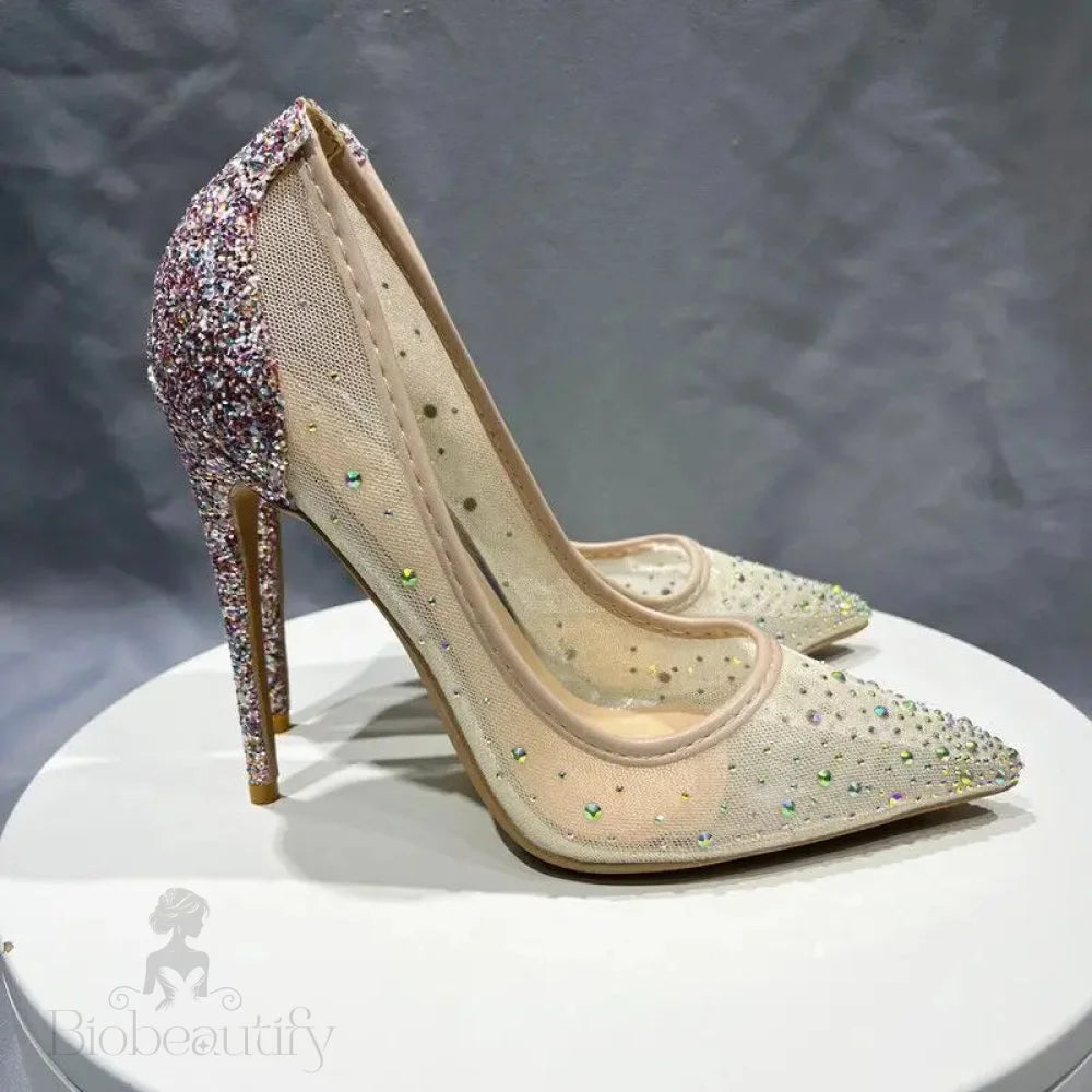 Sequined Gauze Mesh Pointy Toe High Heel Shoes With Glitter