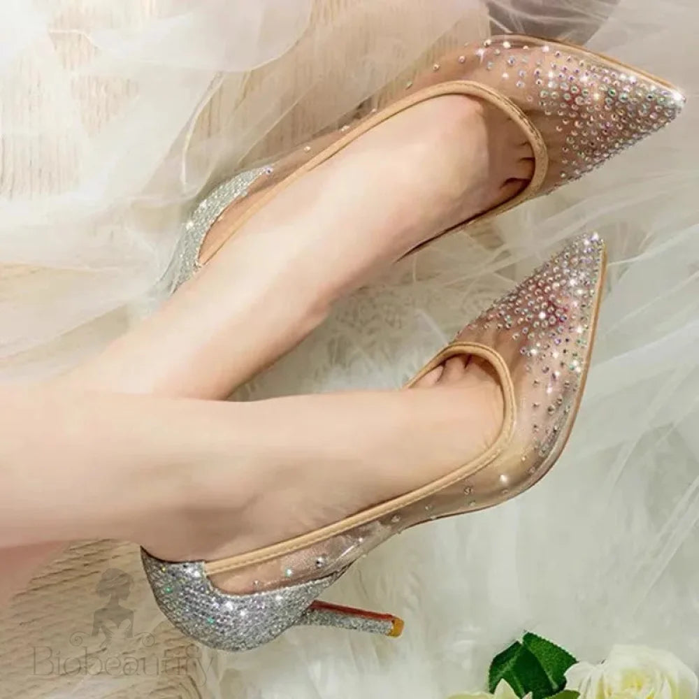 Sequined Gauze Rhinestone Pointy Toe High Heel Party Shoes 10Cm Silver / 42