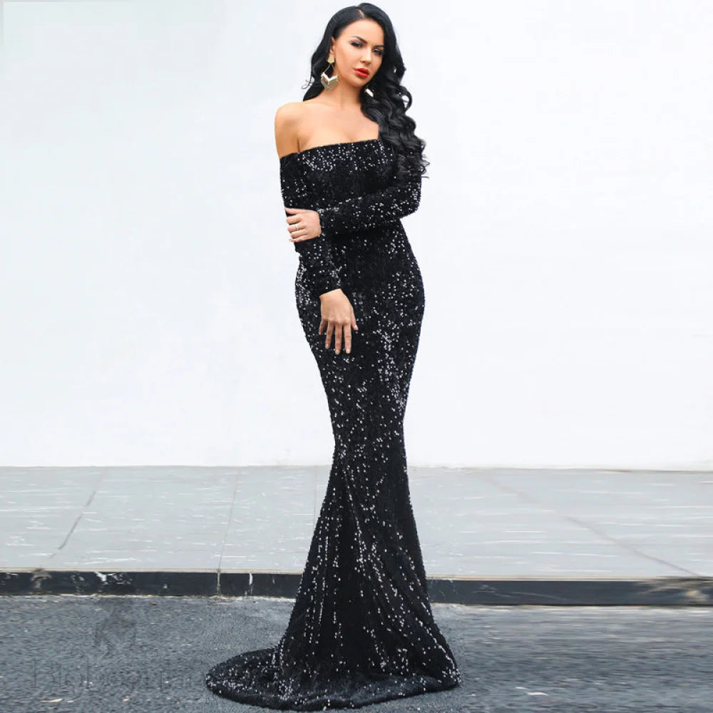 Sequins Party Dress With Strapless Long Sleeves Black / S