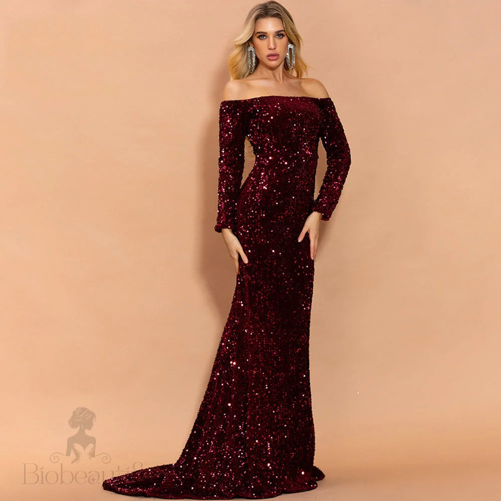 Sequins Party Dress With Strapless Long Sleeves Red / S