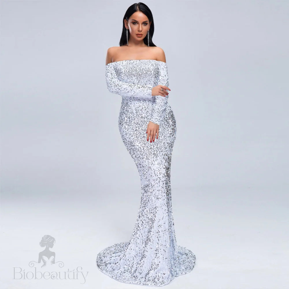 Sequins Party Dress With Strapless Long Sleeves White / S