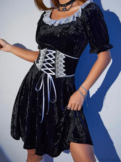 Sexy Black Harajuku Party Corset A-Line Velvet Summer Fashion Emo Chic Elegant High Waist Dress Black / S