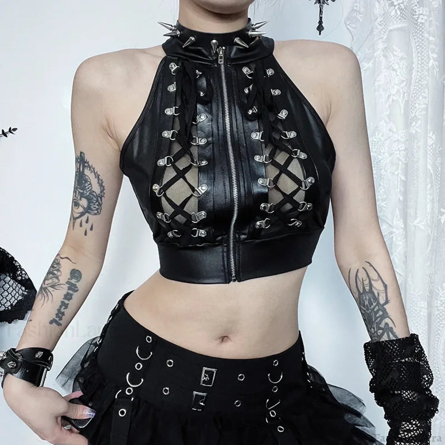 Sexy Hollowed Out Gothic Lace Up Bandage Y2k Crop Top BLACK / S