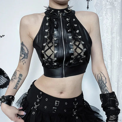 Sexy Hollowed Out Gothic Lace Up Bandage Y2k Crop Top BLACK / S