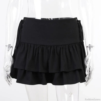 Sexy Japanese Harajuku Girls Sweet Lace Plaid High Waist Pleated Gothic Cute Skirt BLACK / S