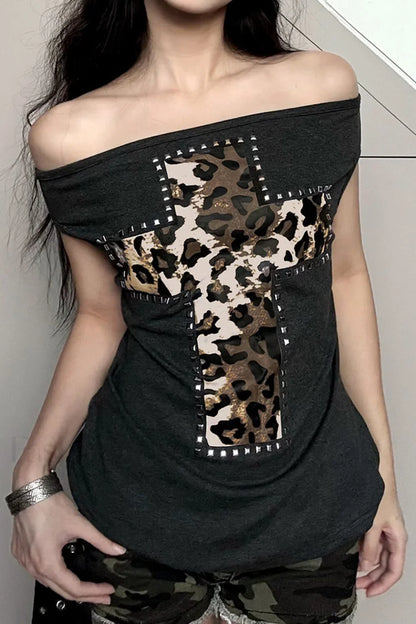 Sexy Leopard Print Slim Fit T-Shirt Grey / S