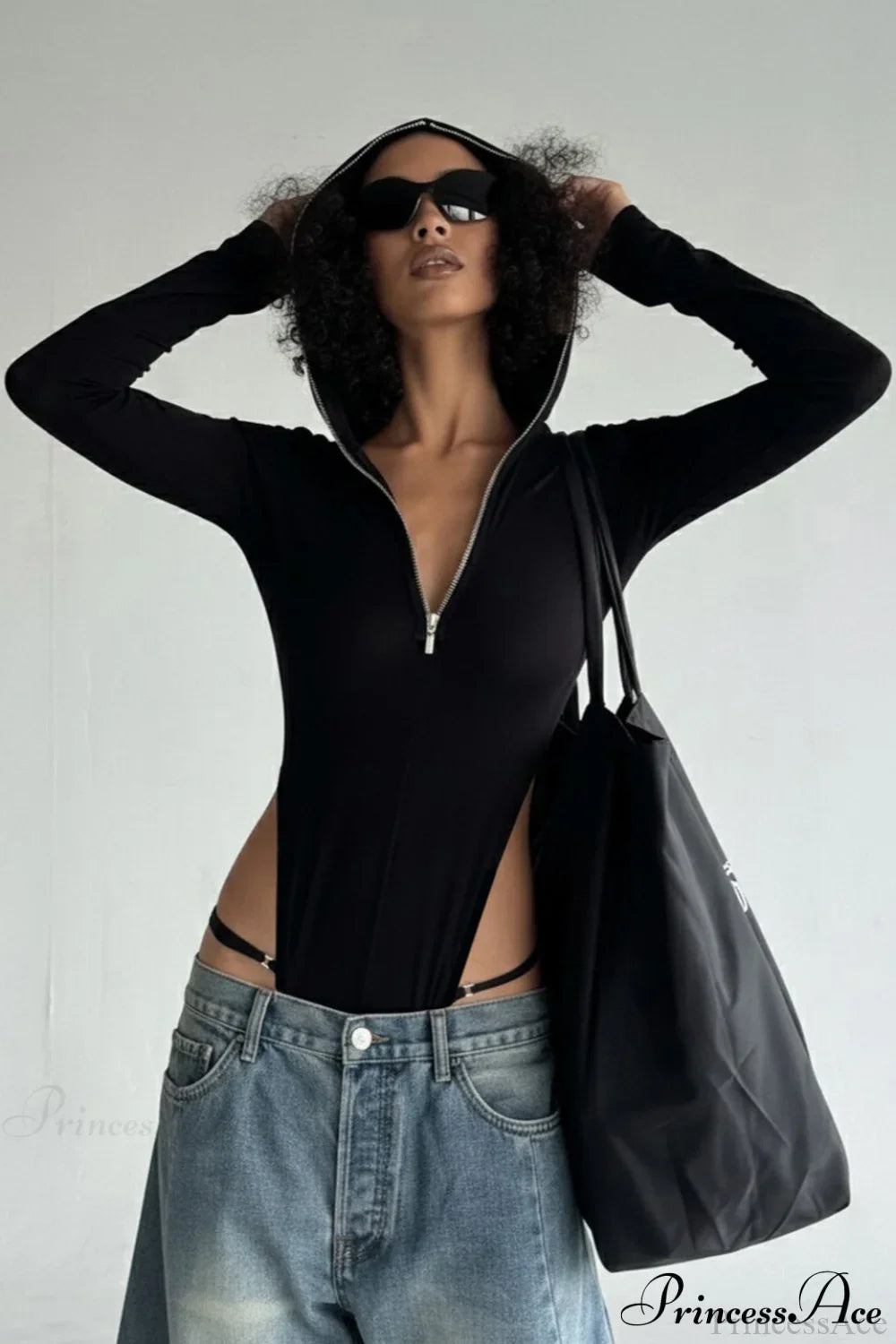Sexy Long Sleeve Zip-Up Slim Fit Hoodie Black / S