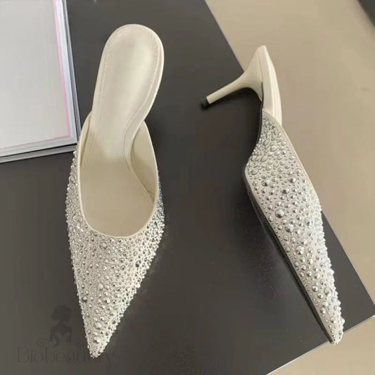 Sexy Party Prom Rivet Women Slippers With Pointed Toe And Thin High Heels White / 35