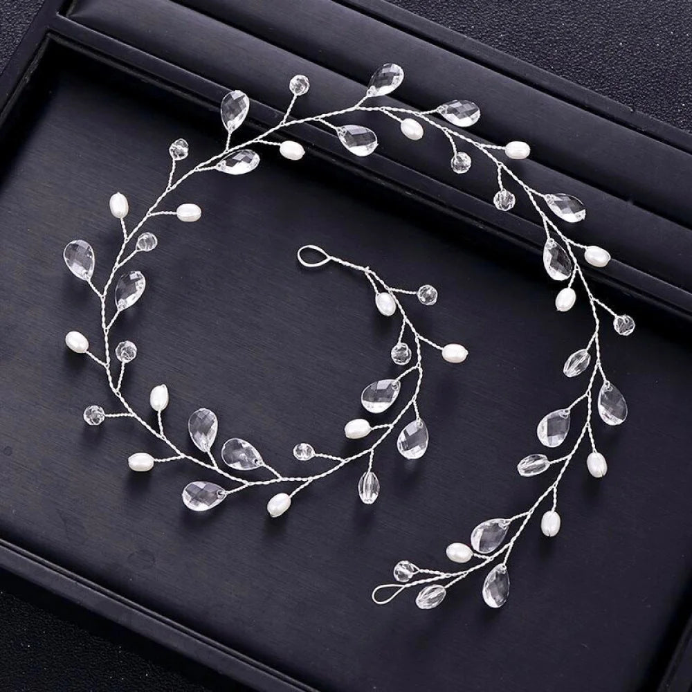 Shana Pearl And Crystal Bridal Headband Vine Silver Yellow Gold Available