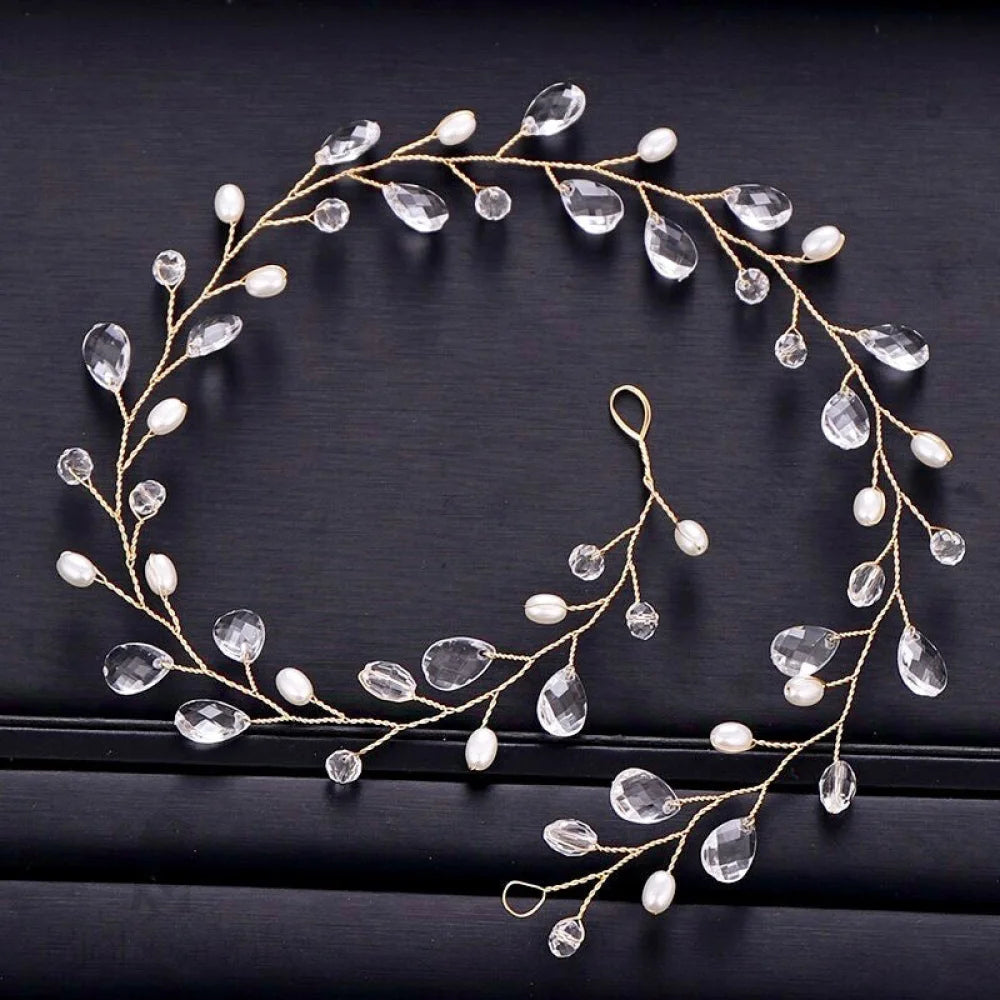 Shana Pearl And Crystal Bridal Headband Vine Silver Yellow Gold Available