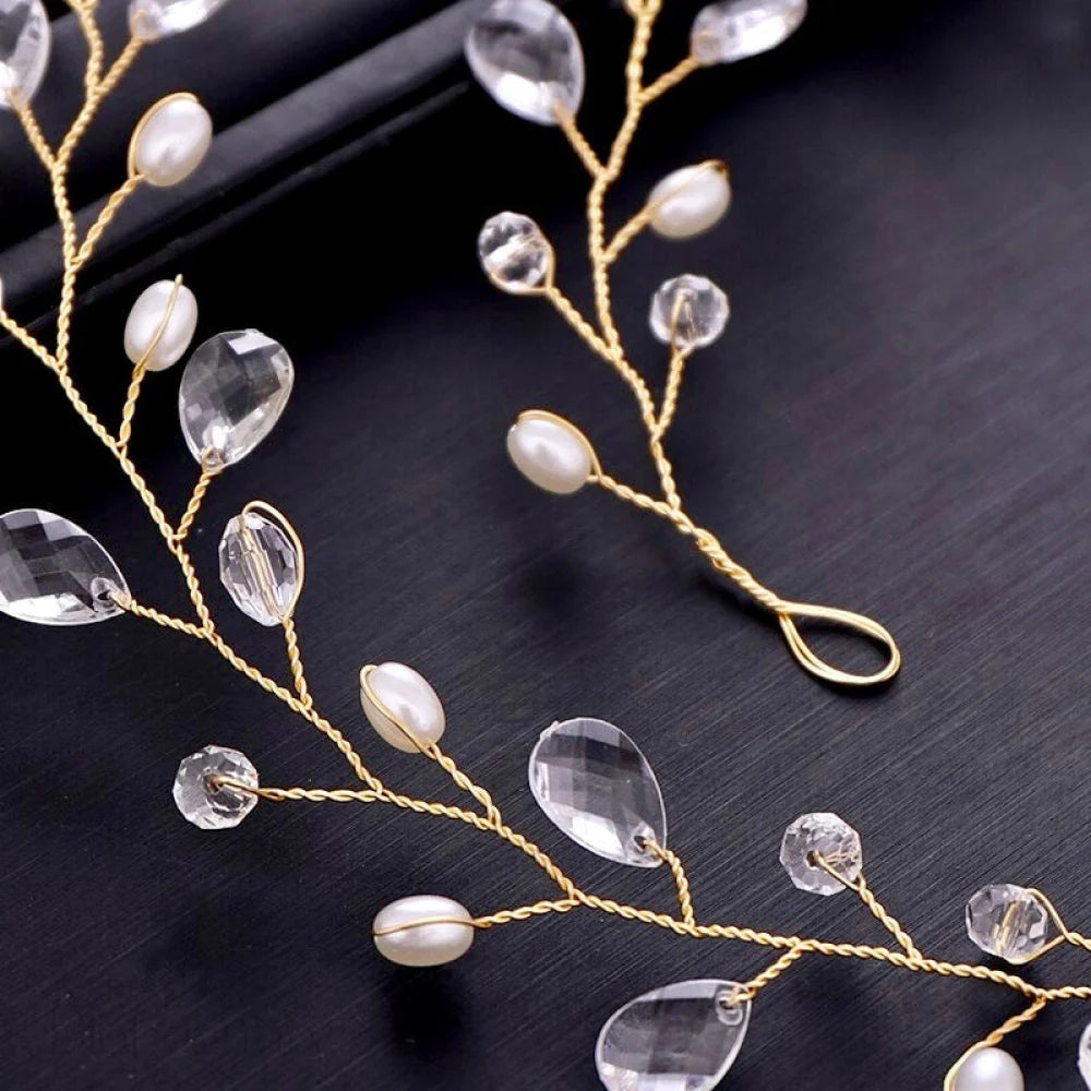 Shana Pearl And Crystal Bridal Headband Vine Silver Yellow Gold Available