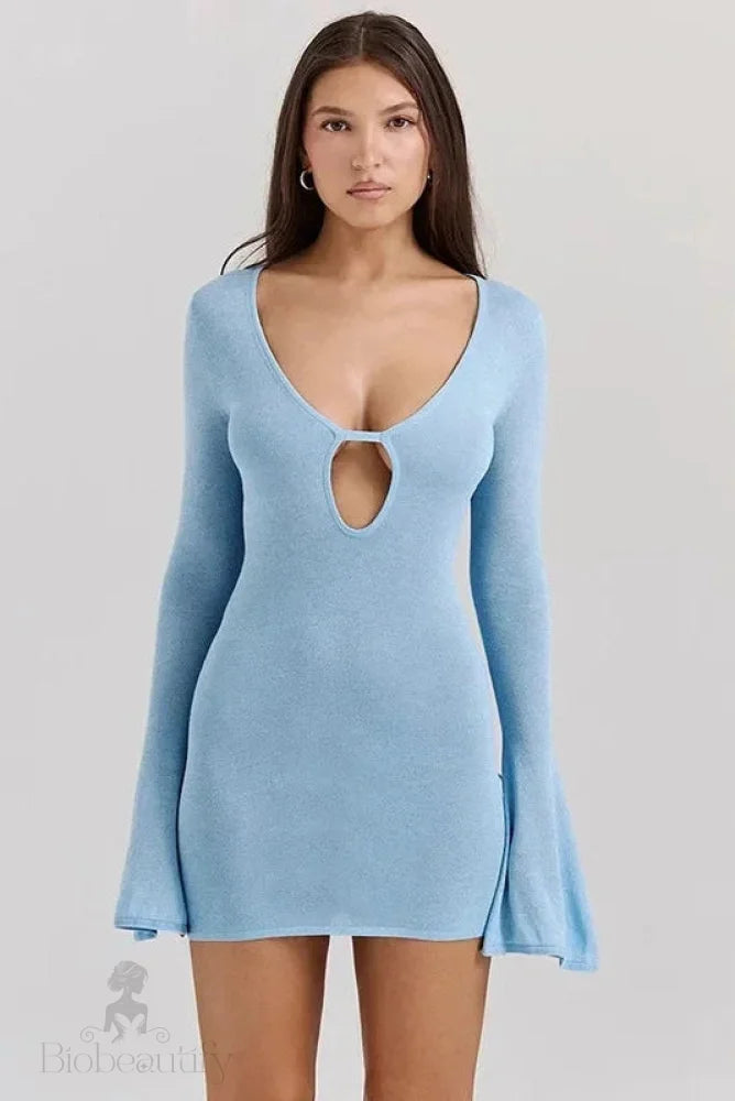 Sheer Hollow Long Sleeve V-Neck Mini Dress