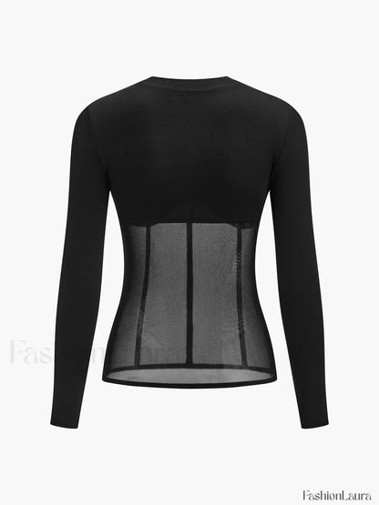 Sheer Mesh Combination Long Sleeve Top T Shirts