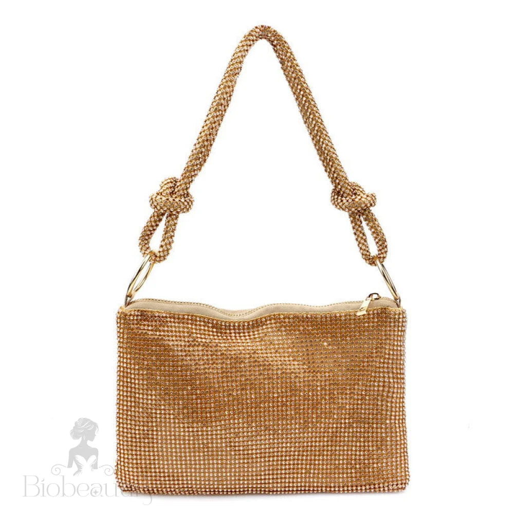 Shimmery Gold Knot Trim Shoulder Bag With Crystal Embellishments