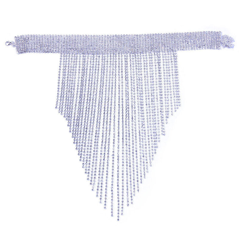 Silver Long Fringe Choker Necklace With Shiny Rhinestone Embellishments One Size /
