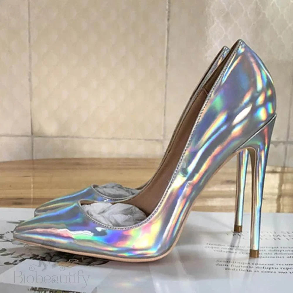 Shiny Silver Patent Women Pointy Toe High Heel Party Shoes