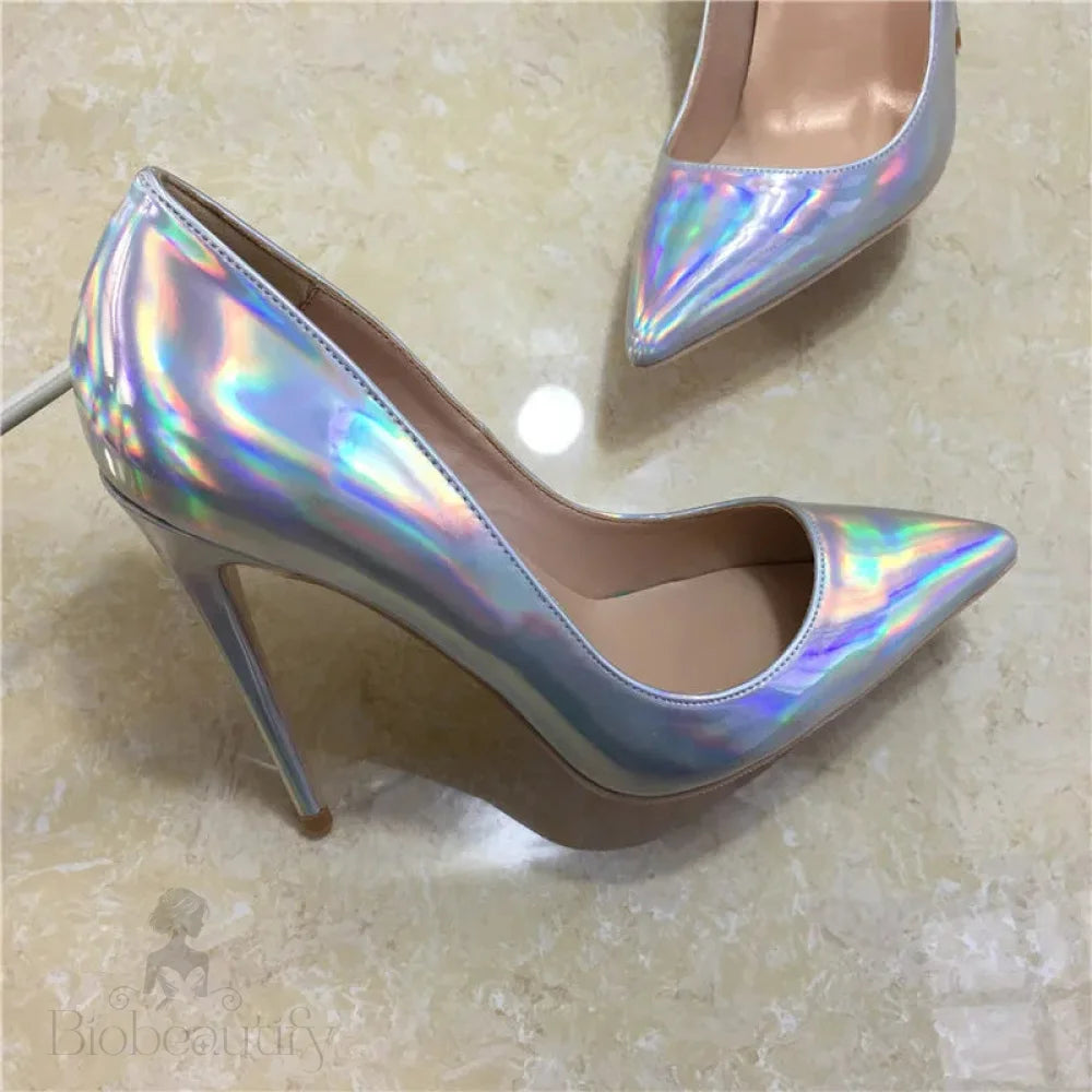 Shiny Silver Patent Women Pointy Toe High Heel Party Shoes