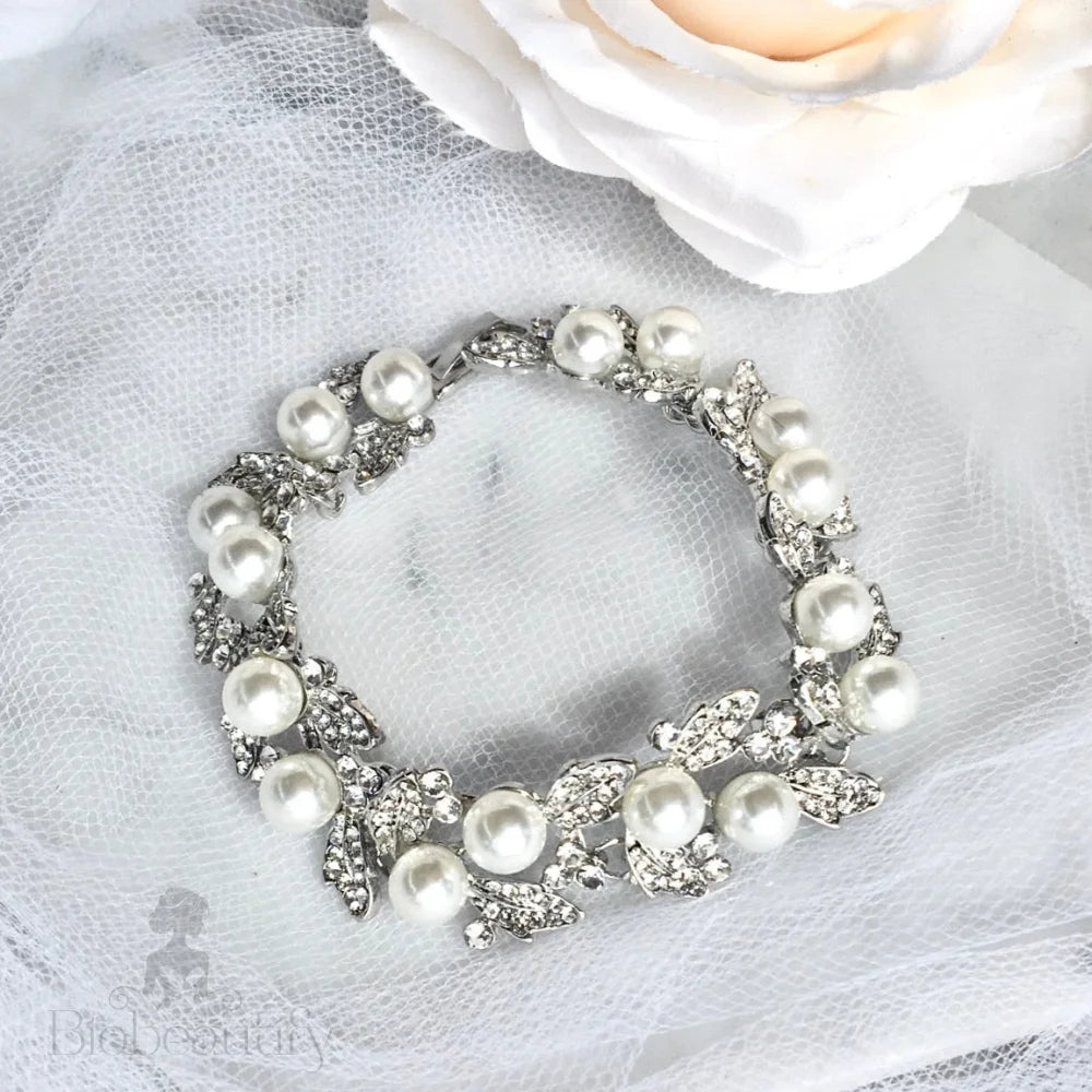 Sidra Pearl Rhinestone Bridal Bracelet Silver Gold Options