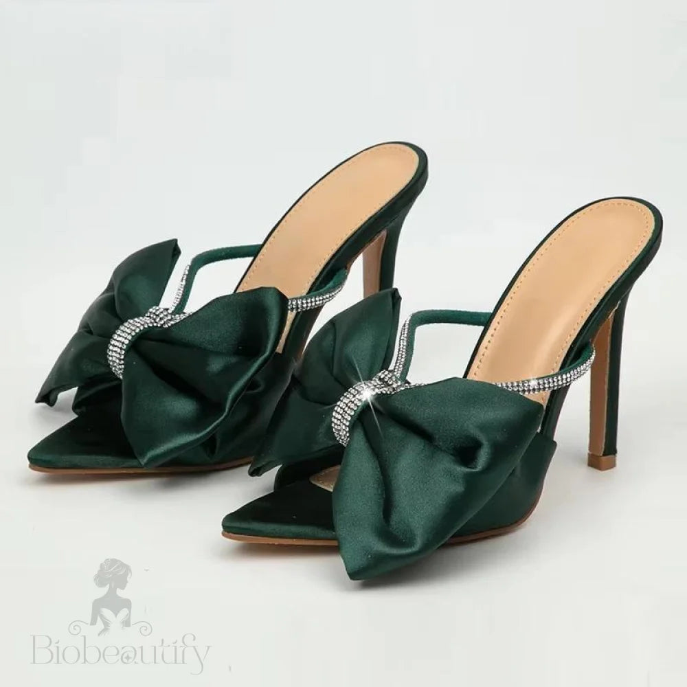 Silk Butterfly-Knot Mule High Heels Slippers Sandals Green / 39