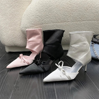 Silk Butterfly-Knot Pointed Toe Women’s Boots With Low Thin Heels