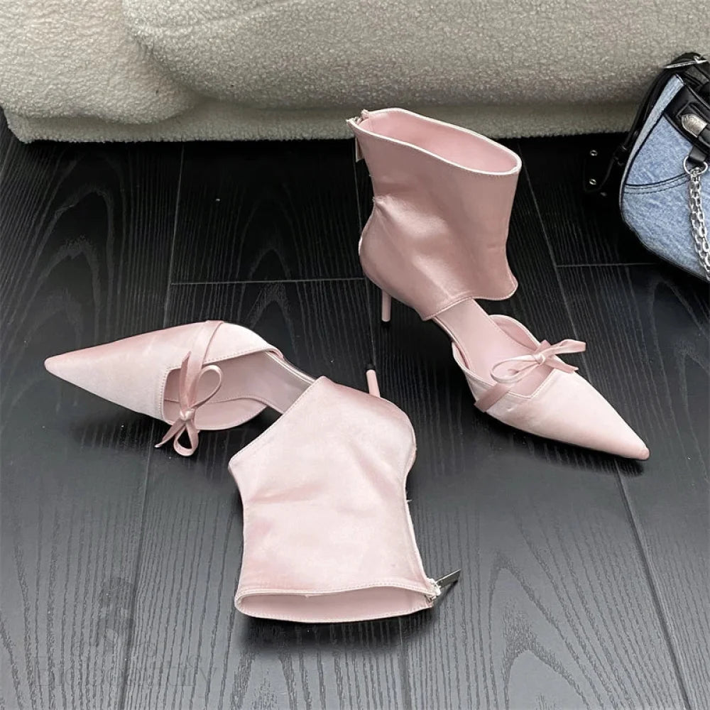 Silk Butterfly-Knot Pointed Toe Women’s Boots With Low Thin Heels