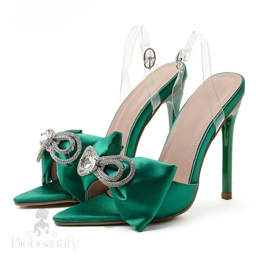 Silk Butterfly-Knot Rhinestone Women Mule High Heels Slippers Sandals Green / 36