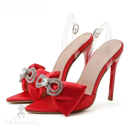 Silk Butterfly-Knot Rhinestone Women Mule High Heels Slippers Sandals Mei Red / 36