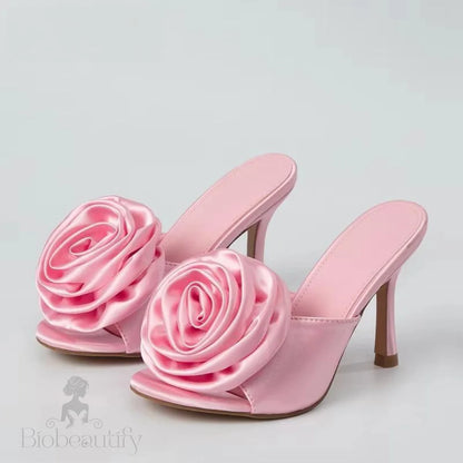 Silk Flower Peep Toe High Heel Slipper Mule Slides For Women