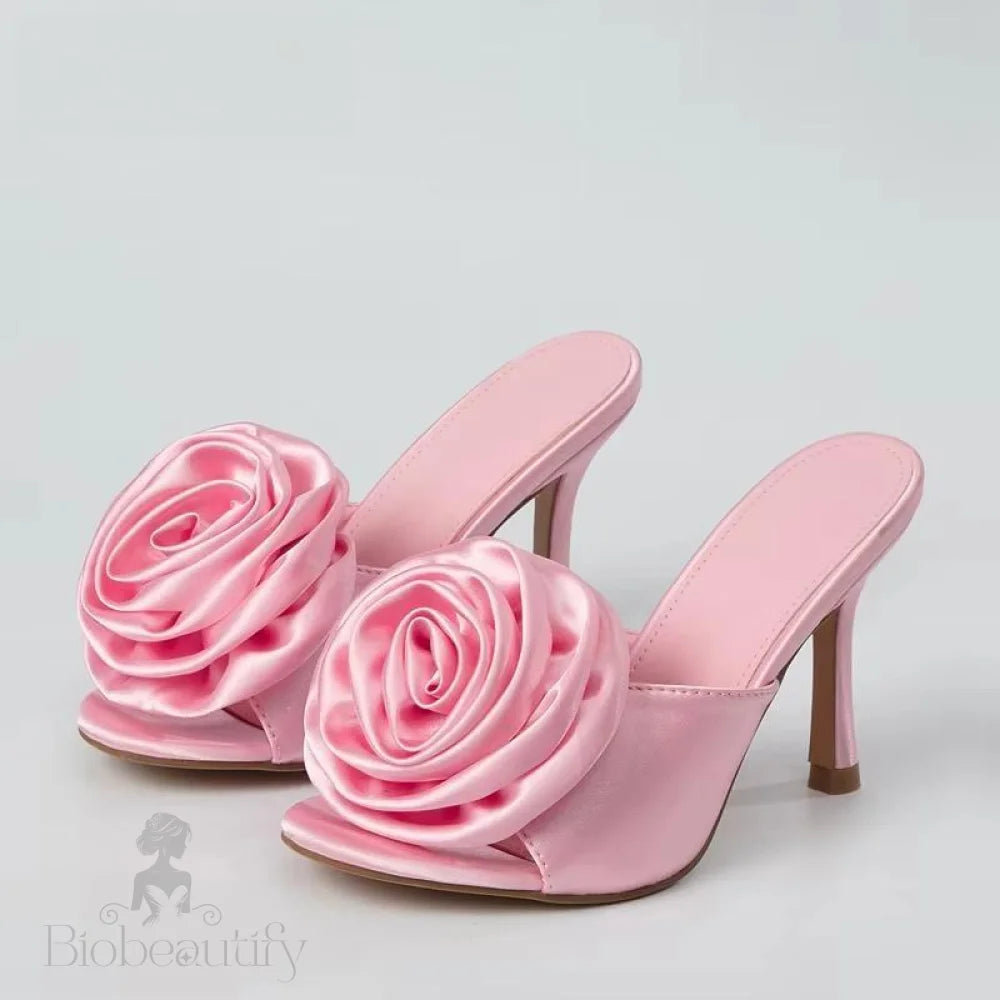 Silk Flower Peep Toe High Heel Slipper Mule Slides For Women