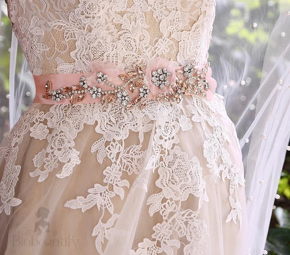 Silk Flowers Blush Bridal Belt Sash Winter Rose