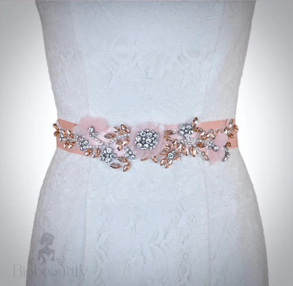 Silk Flowers Blush Bridal Belt Sash Winter Rose