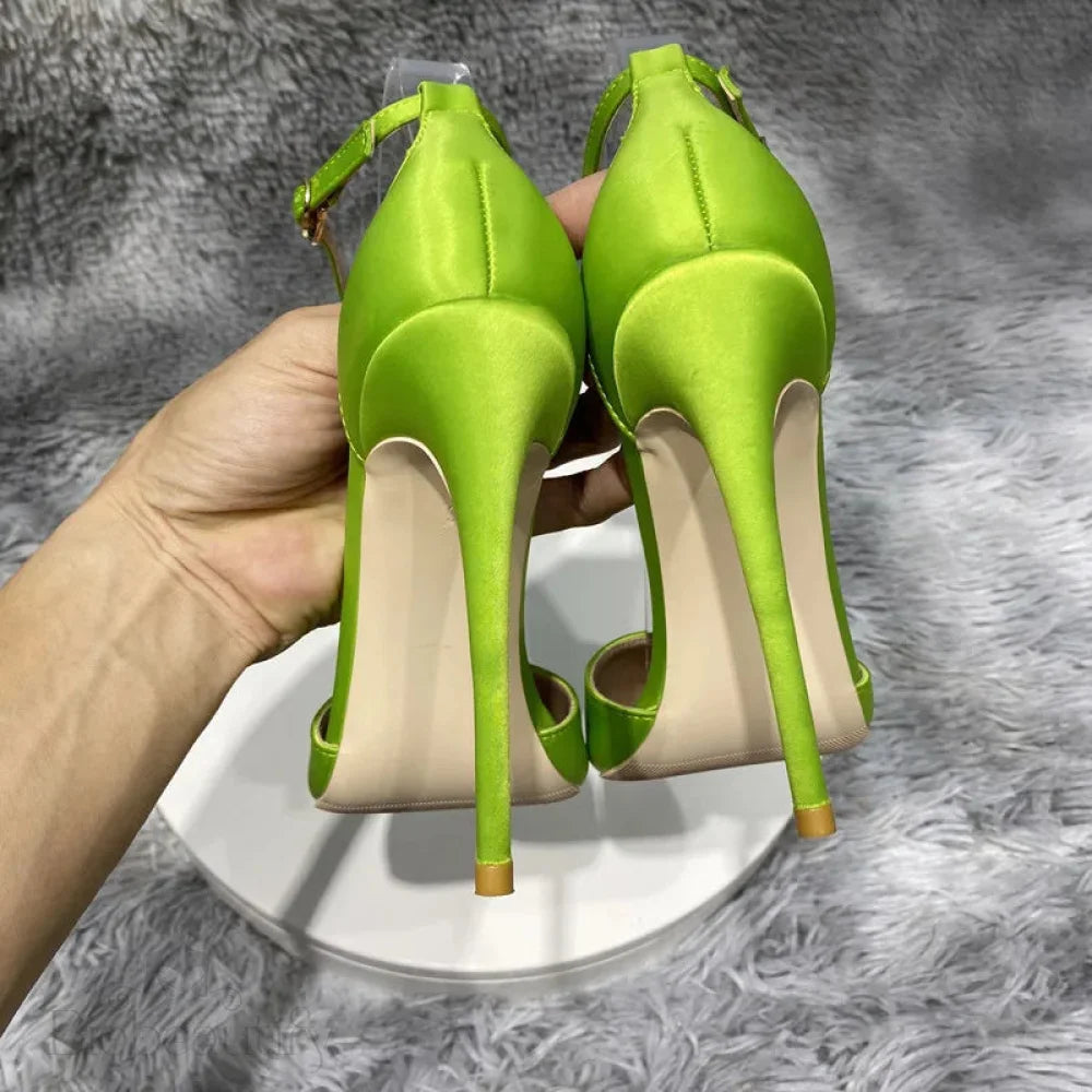 Silk Satin Ankle Strap Pointy Toe High Heel Shoes For Women In Black Pink And Green