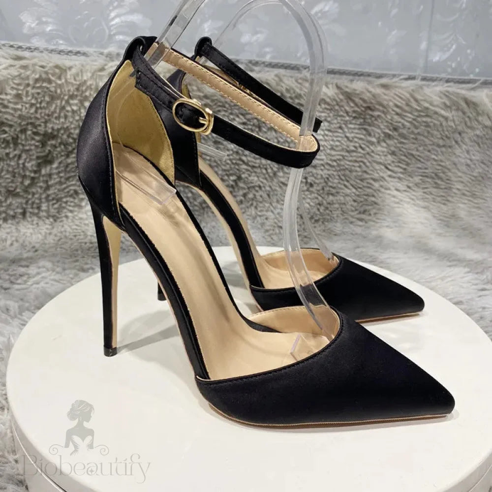 Silk Satin Ankle Strap Pointy Toe High Heel Shoes For Women In Black Pink And Green