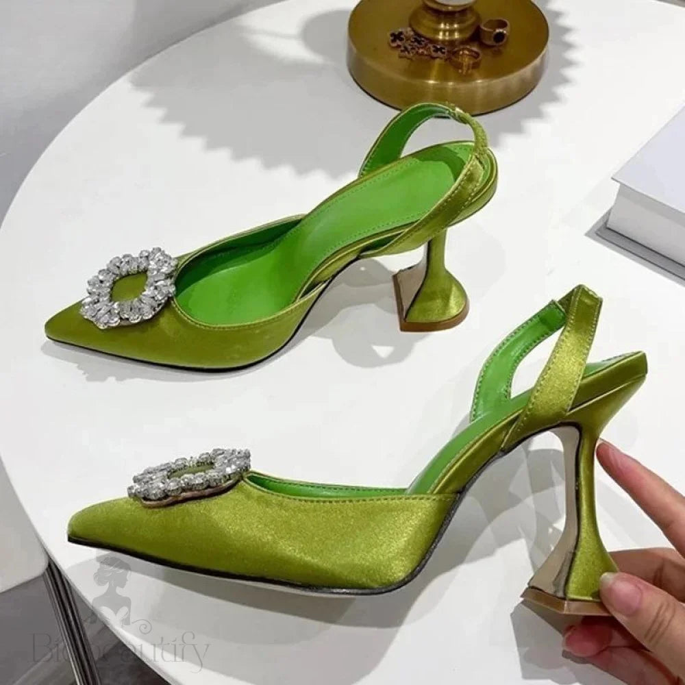 Silk Women Pumps With Crystal Strange Style High Heels For Autumn Green / 35