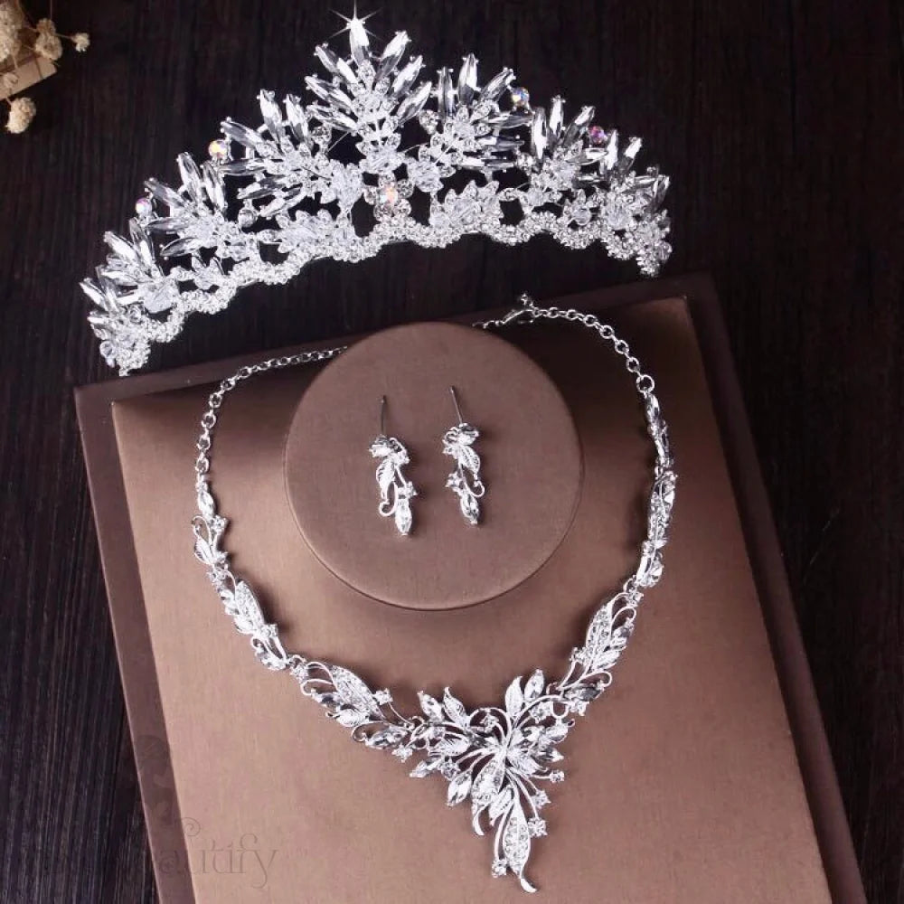 Wedding Jewelry and Accessories - Silver Cubic Zirconia 3-Piece Bridal Jewelry Set With Tiara