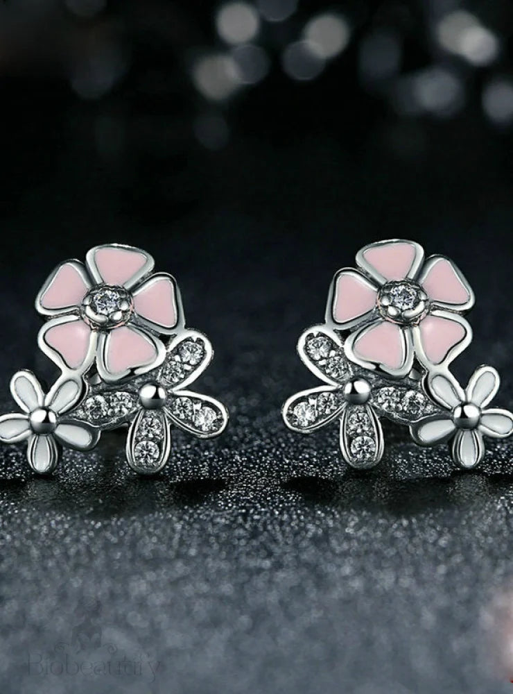 Silver Cherry Blossom Drop Earrings In 925 Sterling