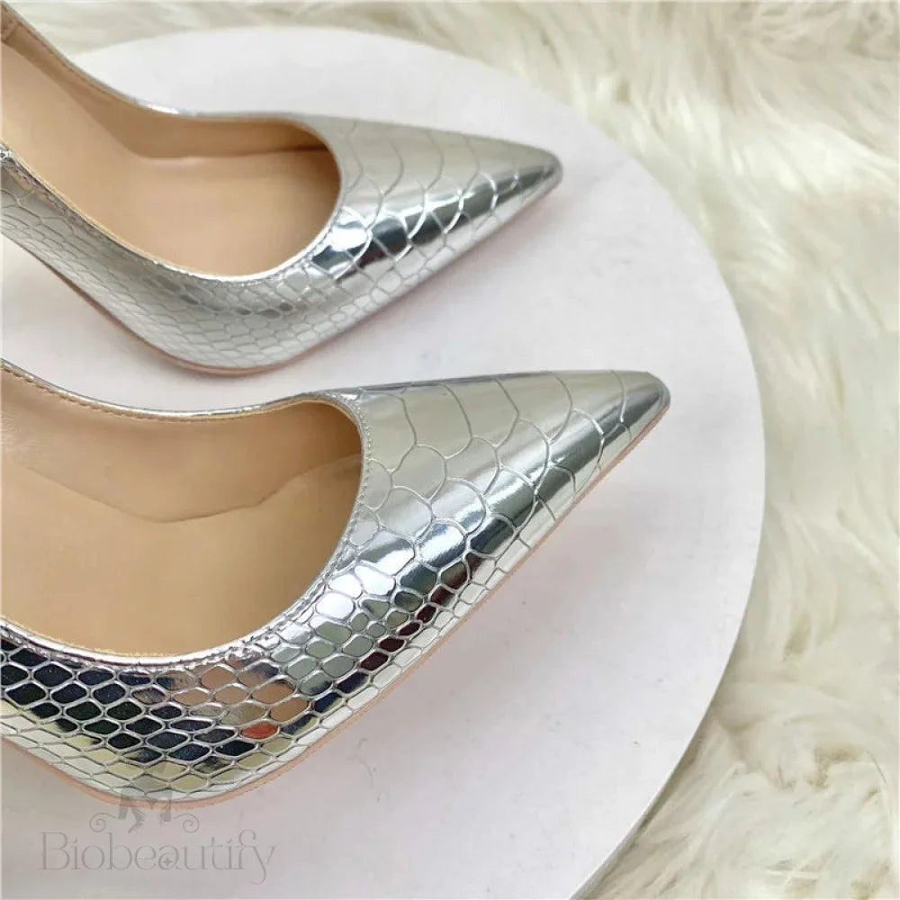 Silver Crocodile Effect Pointy Toe High Heel Party Shoes For Women